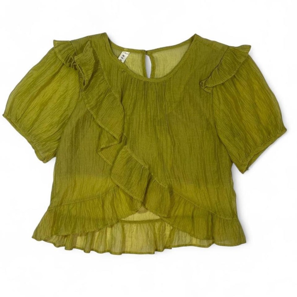 BDS Soft Olive Chiffon‎ Blouse with layered Ruffle Detail Lightweight Flowy Top